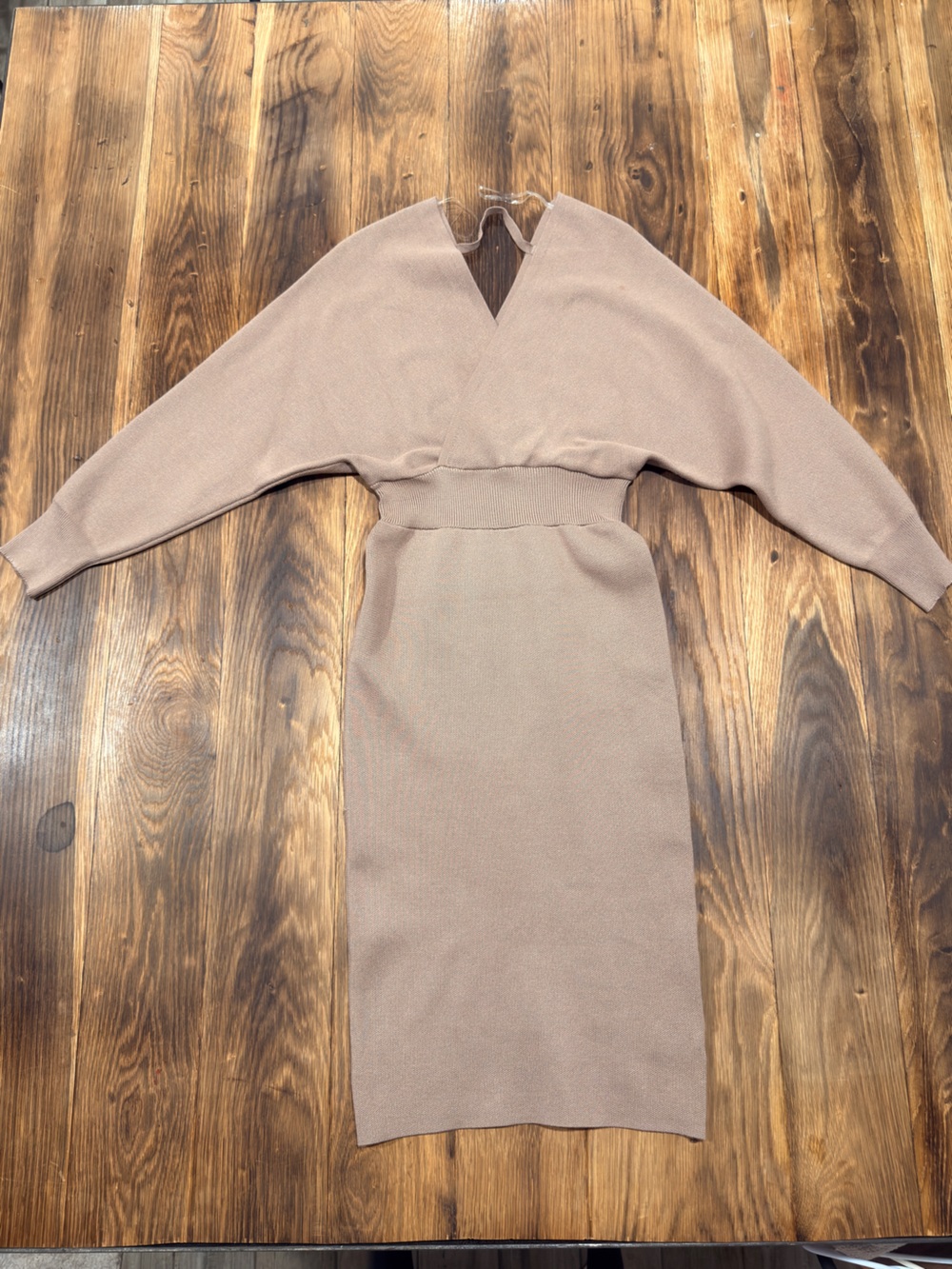 Lumiere V-Neck Midi Dress in Taupe Beige